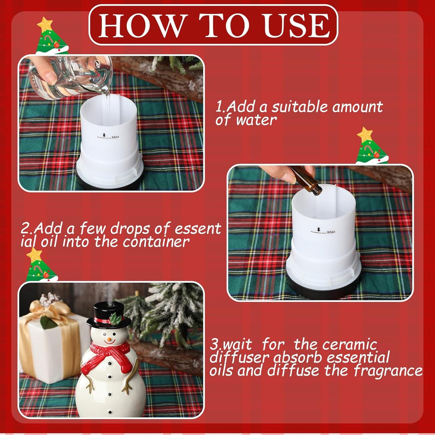 Christmas Essential Oil Diffuser Gifts Ceramic Snowman Diffuser 120Ml Holiday Diffuser for Essential Oil Cute Small Aromatherapy Humidifier Diffuser for Home Office Decorations