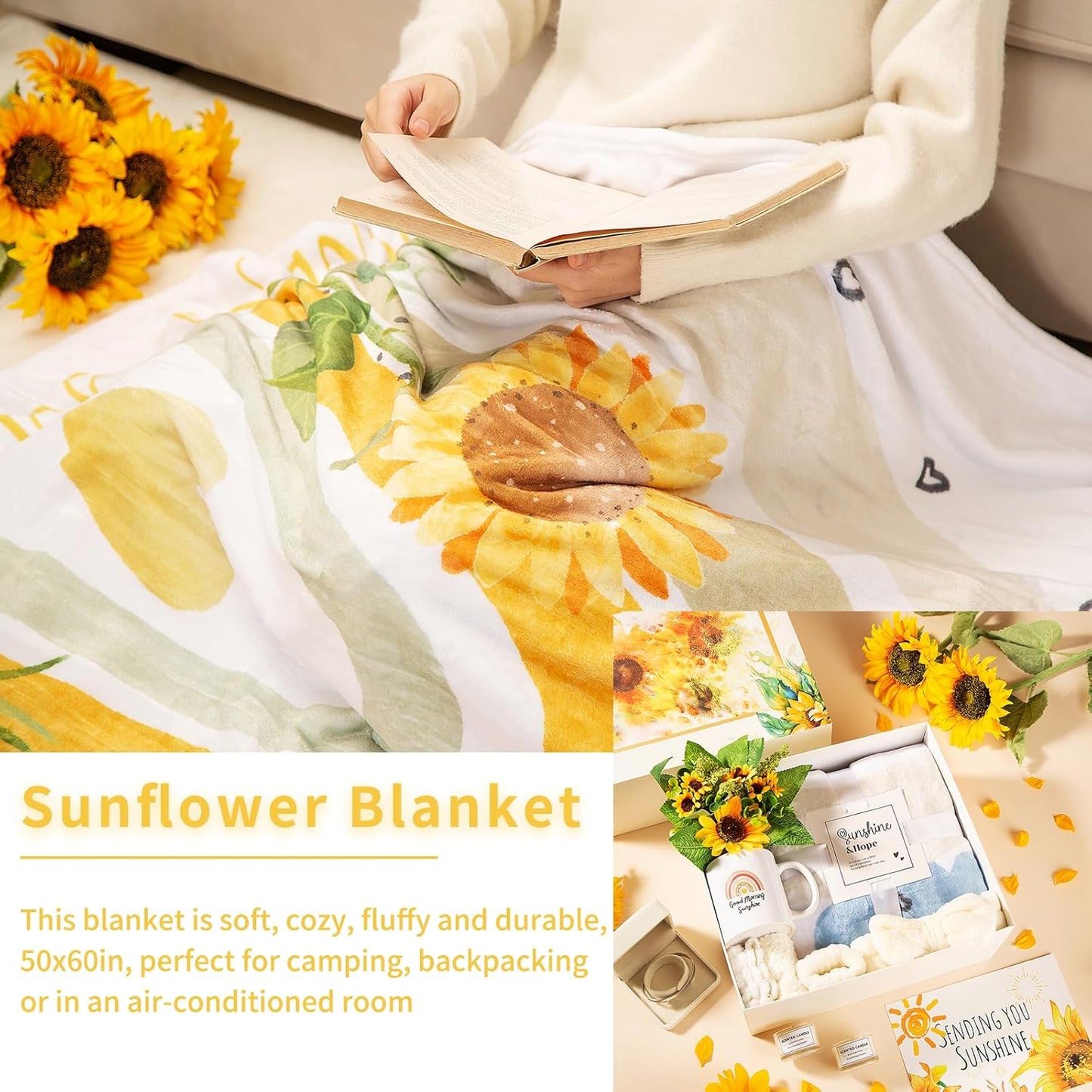 Sending Sunshine Gift, Get Well Soon Gifts Basket for Women, 10 Pcs Sunflower Gifts Care Pacakge Gifts Box Thinking of You Gift for Women with Inspirational Blanket Candle for Mom, Sister, Her