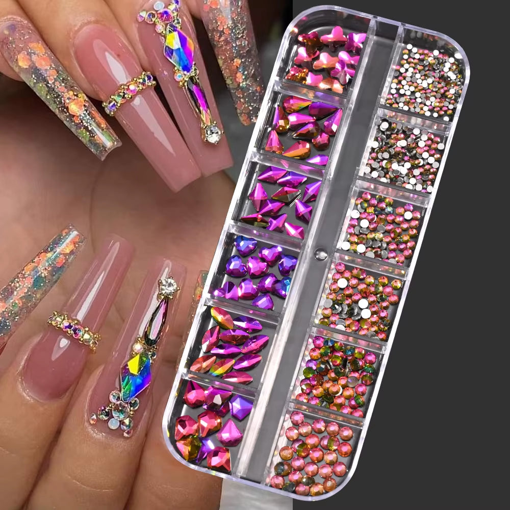 12Gird Mix Size Pink Red Green Crystal Nail Art Rhinestones Luxury Nail Diamond Gem Flatback Glass Stone Strass Nail Supplies