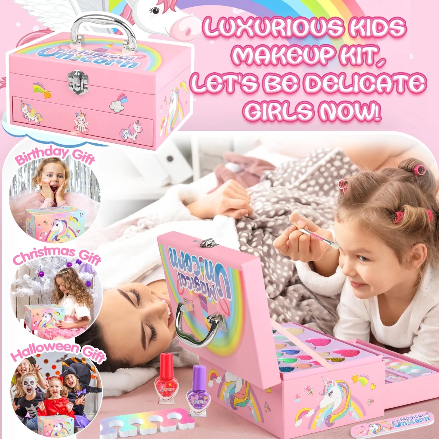 Kids Makeup Kit for Girls,36Pcs Girls Unicorn Makeup Kit,Real Washable Pretend Play Cosmetic Set with Mirror,Little Girls Princess Make up Toys for 4 5 6 7 8 9 Year Old Girl Birthday Gift,Pink