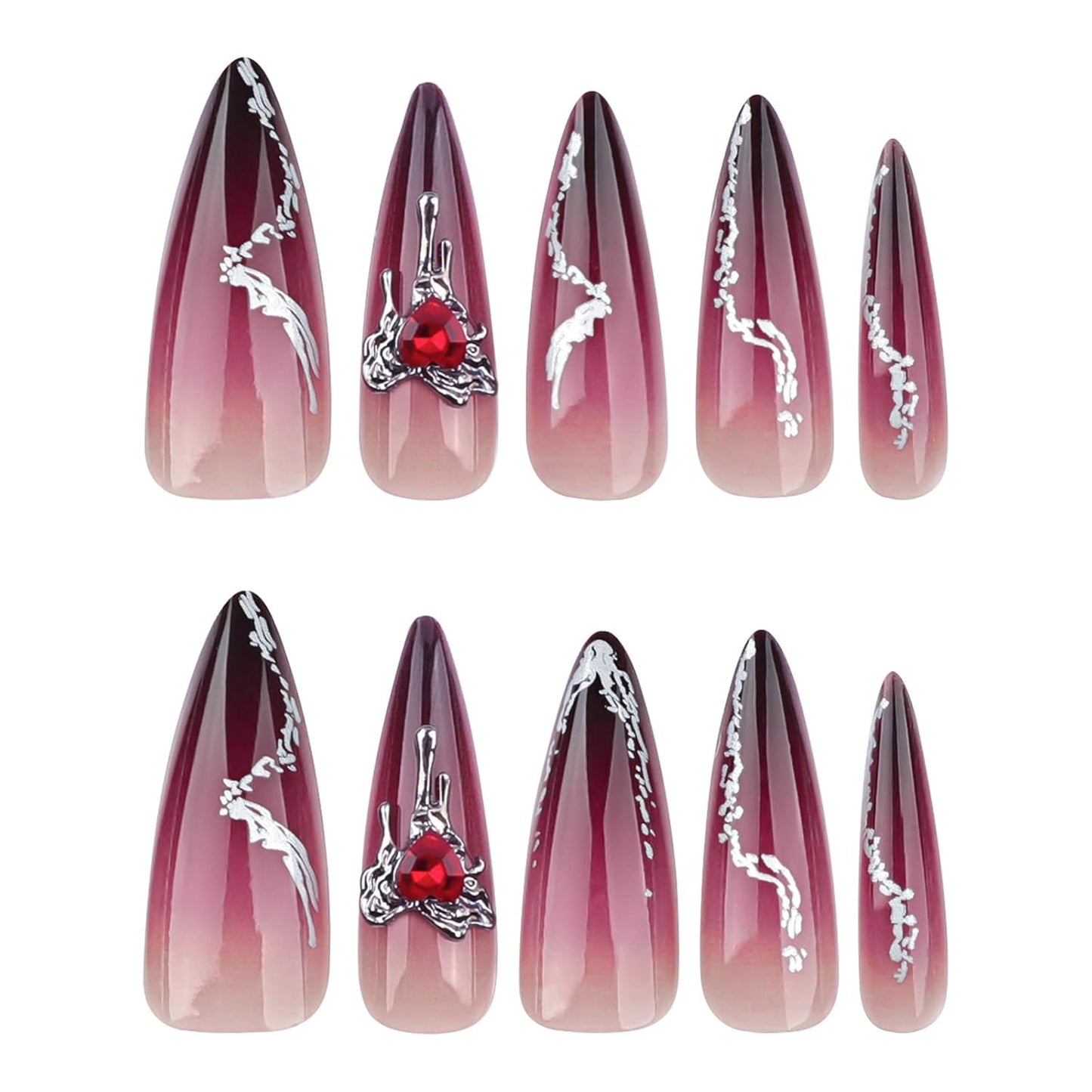 Press on Nails - Long Stiletto Glue on Nails with Goth Burgundy, Acrylic Rhinestone Design 24 Pcs