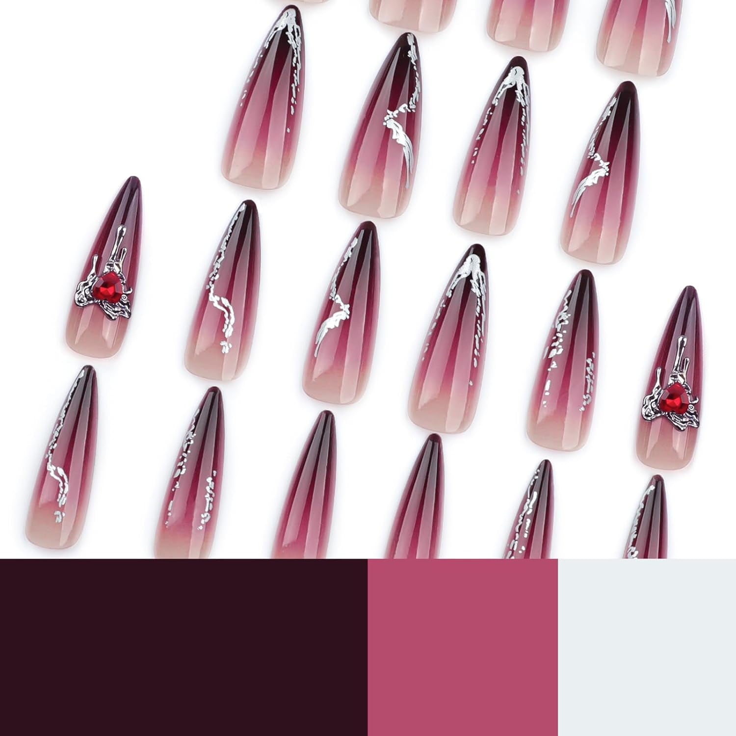Press on Nails - Long Stiletto Glue on Nails with Goth Burgundy, Acrylic Rhinestone Design 24 Pcs