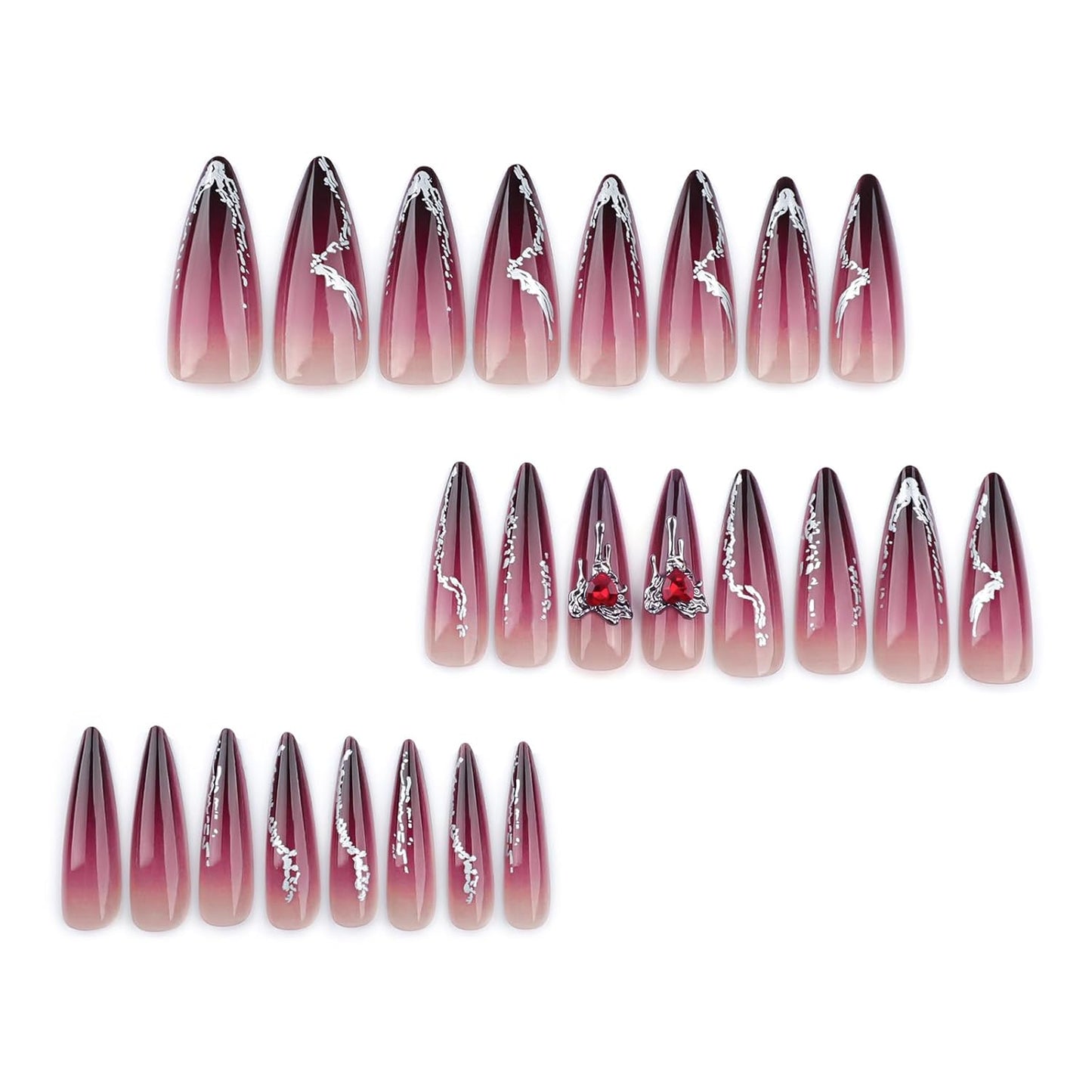 Press on Nails - Long Stiletto Glue on Nails with Goth Burgundy, Acrylic Rhinestone Design 24 Pcs