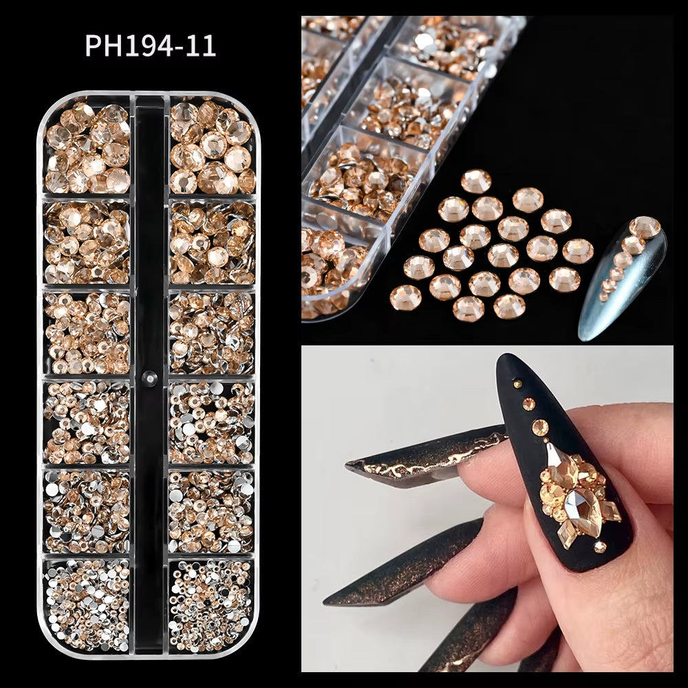 12Gird Mix Size Pink Red Green Crystal Nail Art Rhinestones Luxury Nail Diamond Gem Flatback Glass Stone Strass Nail Supplies