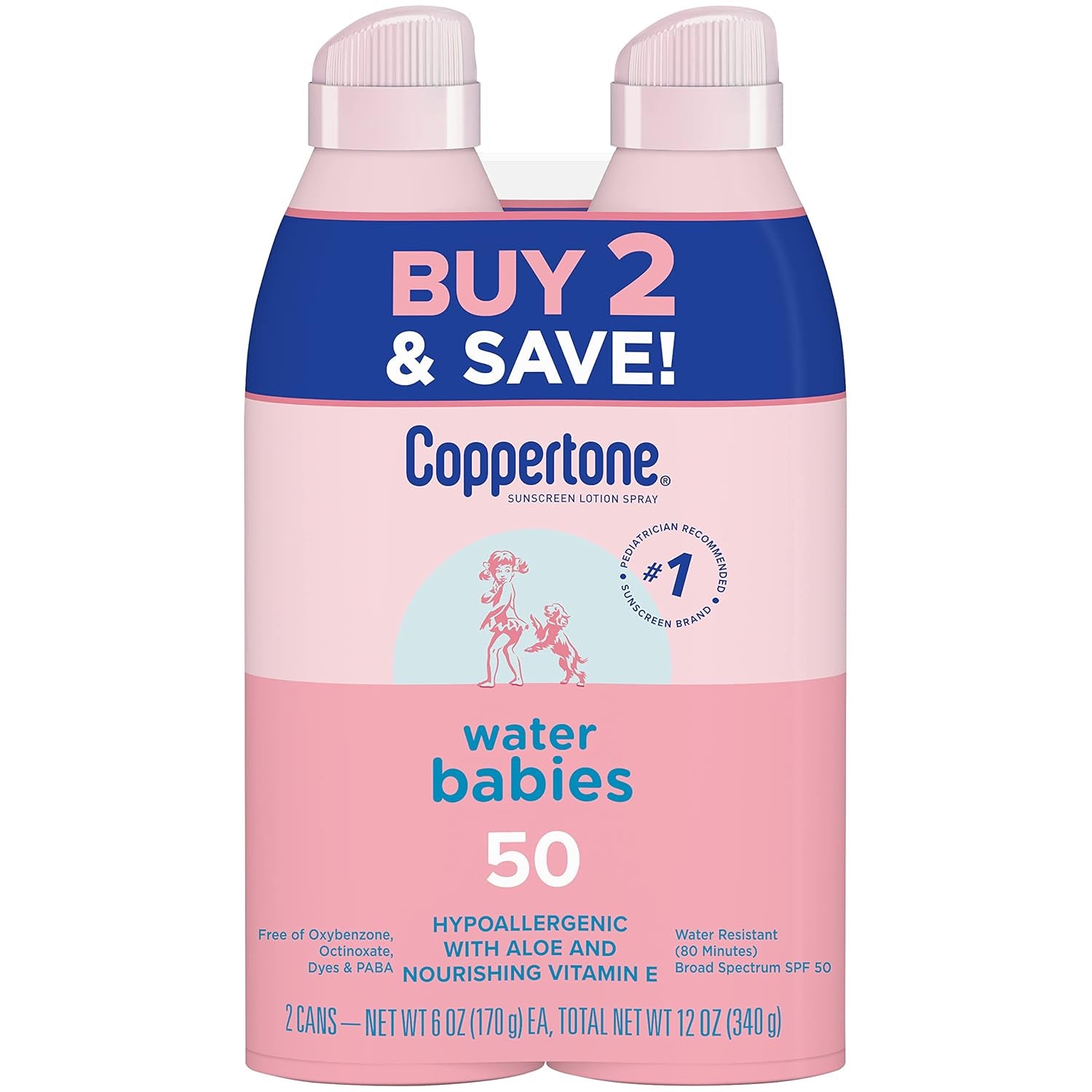 Waterbabies Sunscreen Spray SPF 50, Spray on Sunscreen for Babies, Water Resistant, Pediatrician Recommended, 6 Oz, Pack of 2