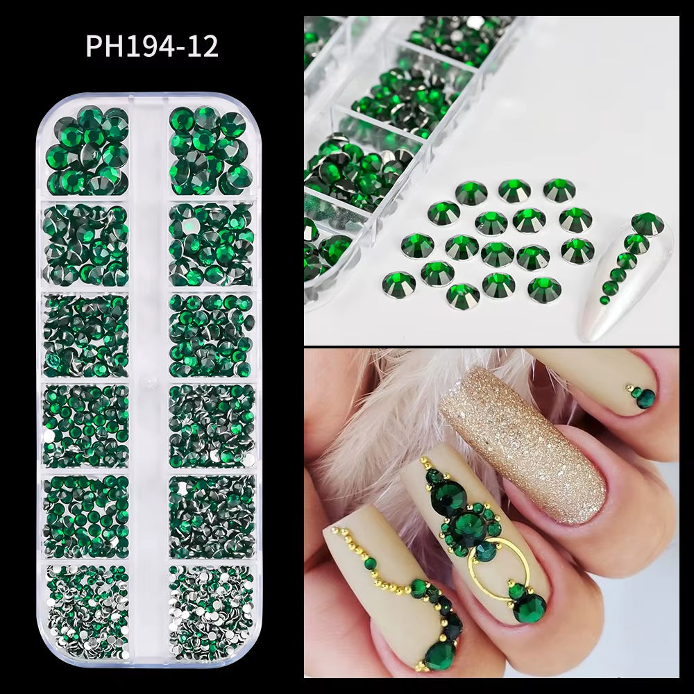 12Gird Mix Size Pink Red Green Crystal Nail Art Rhinestones Luxury Nail Diamond Gem Flatback Glass Stone Strass Nail Supplies