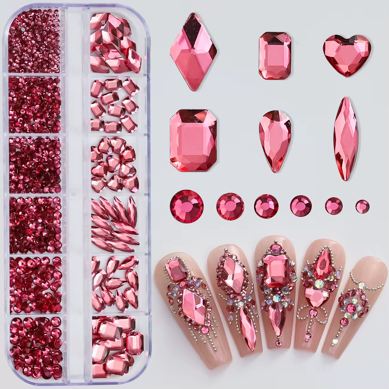 12Gird Mix Size Pink Red Green Crystal Nail Art Rhinestones Luxury Nail Diamond Gem Flatback Glass Stone Strass Nail Supplies