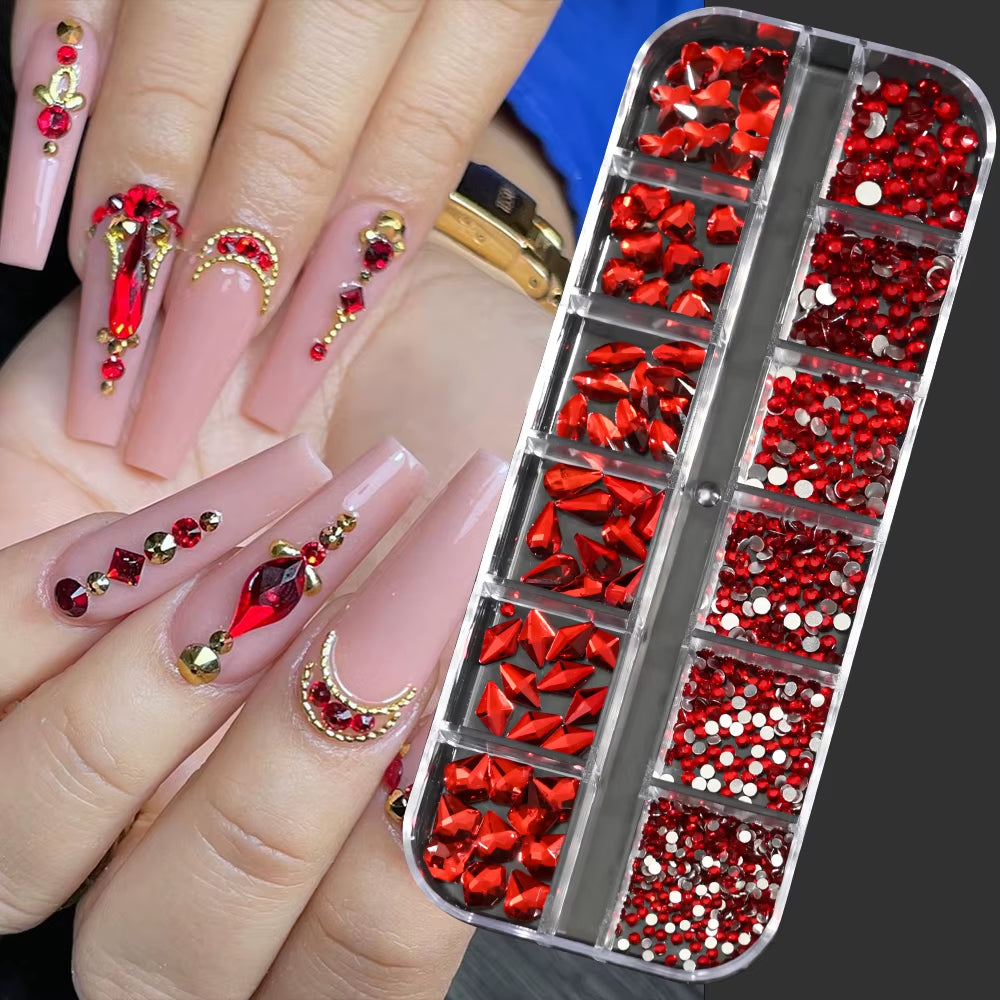 12Gird Mix Size Pink Red Green Crystal Nail Art Rhinestones Luxury Nail Diamond Gem Flatback Glass Stone Strass Nail Supplies