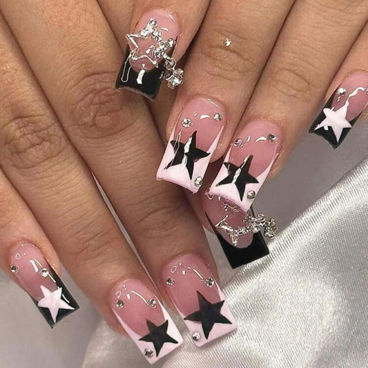 24 Pcs Pink Press on Nails Medium Square -  Winter Fake Nails Press Ons White French Nail Art Tips Glue on Nails Full Cover False Nails with Charms Pentagram Design Stick on Nails Acrylic Nail