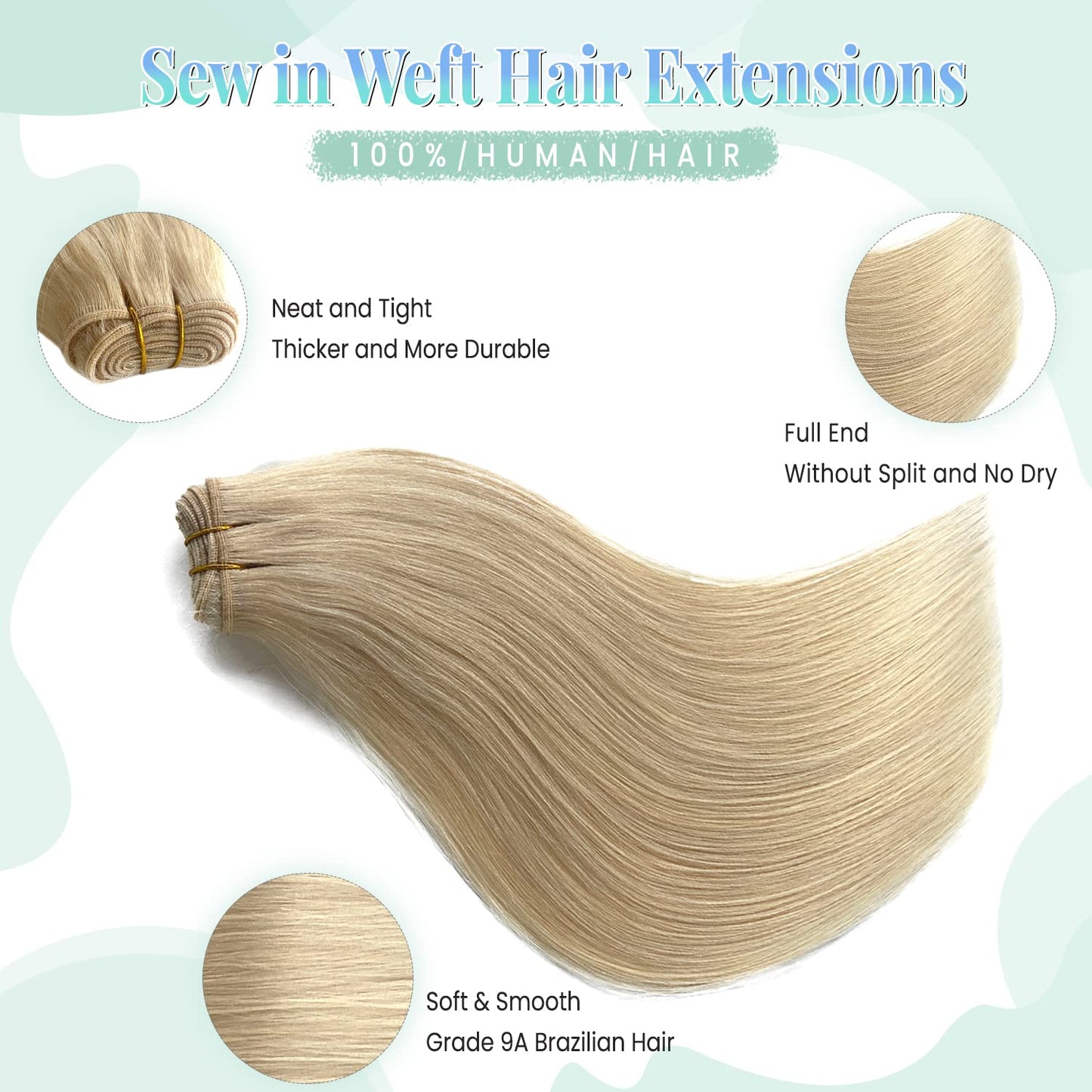 Sew in Real Human Hair Extensions, Blonde Weft 100G 20 Inch Hand Tied Weft Hair Extensions for Women