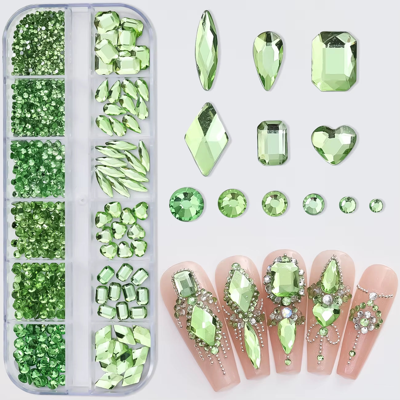 12Gird Mix Size Pink Red Green Crystal Nail Art Rhinestones Luxury Nail Diamond Gem Flatback Glass Stone Strass Nail Supplies