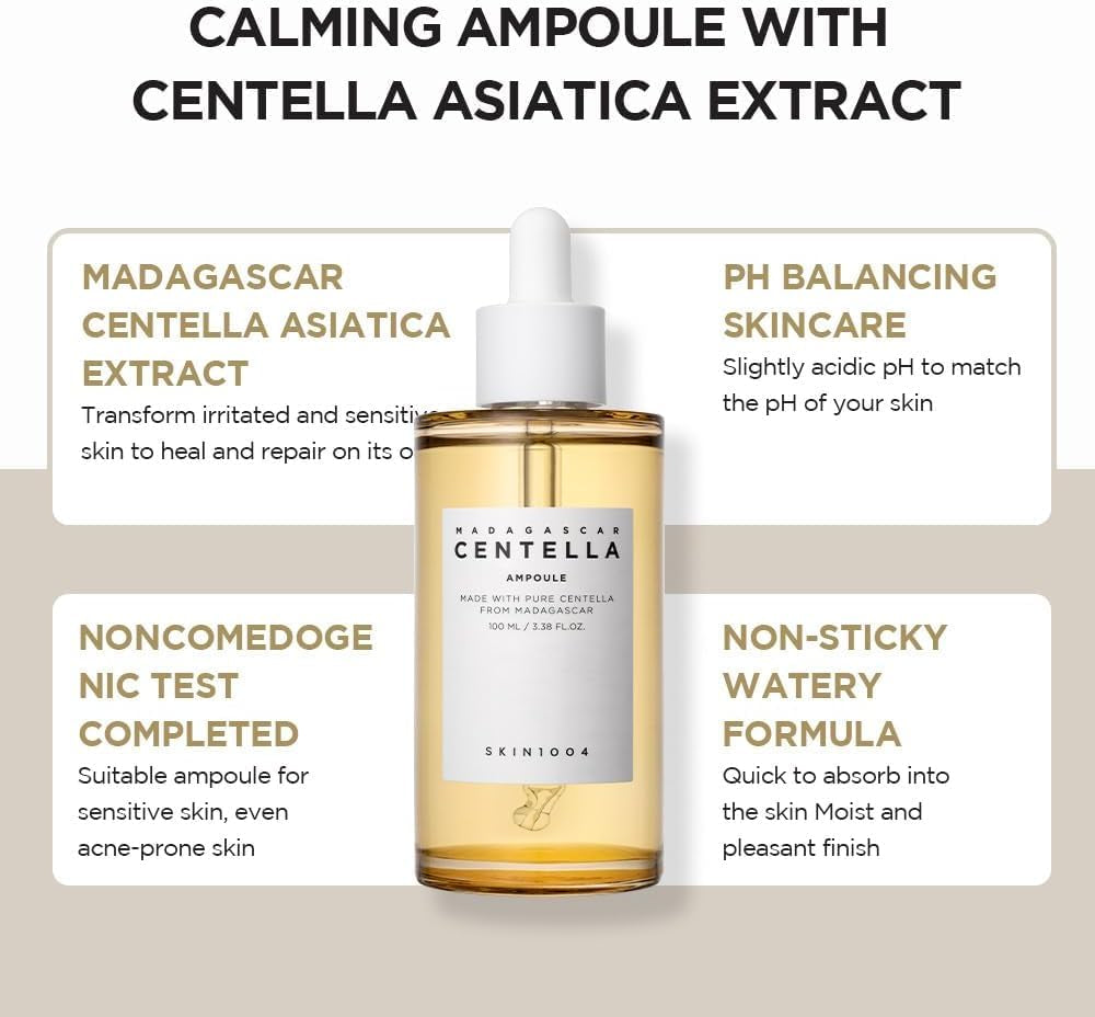 Madagascar Centella Asiatica Ampoule Facial Serum 1.85 Fl.Oz, 55Ml, Soothes Acne Prone and Sensitive Skin