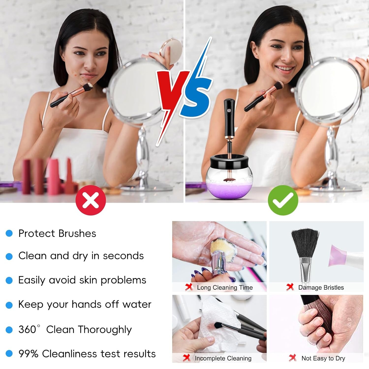 Pro 2019 Upgraded Electric Makeup Brush Cleaner and Dryer, Automatic Brush Spinner for All Brushes,Wash and Dry in Seconds,With 8 Size Rubber Collars