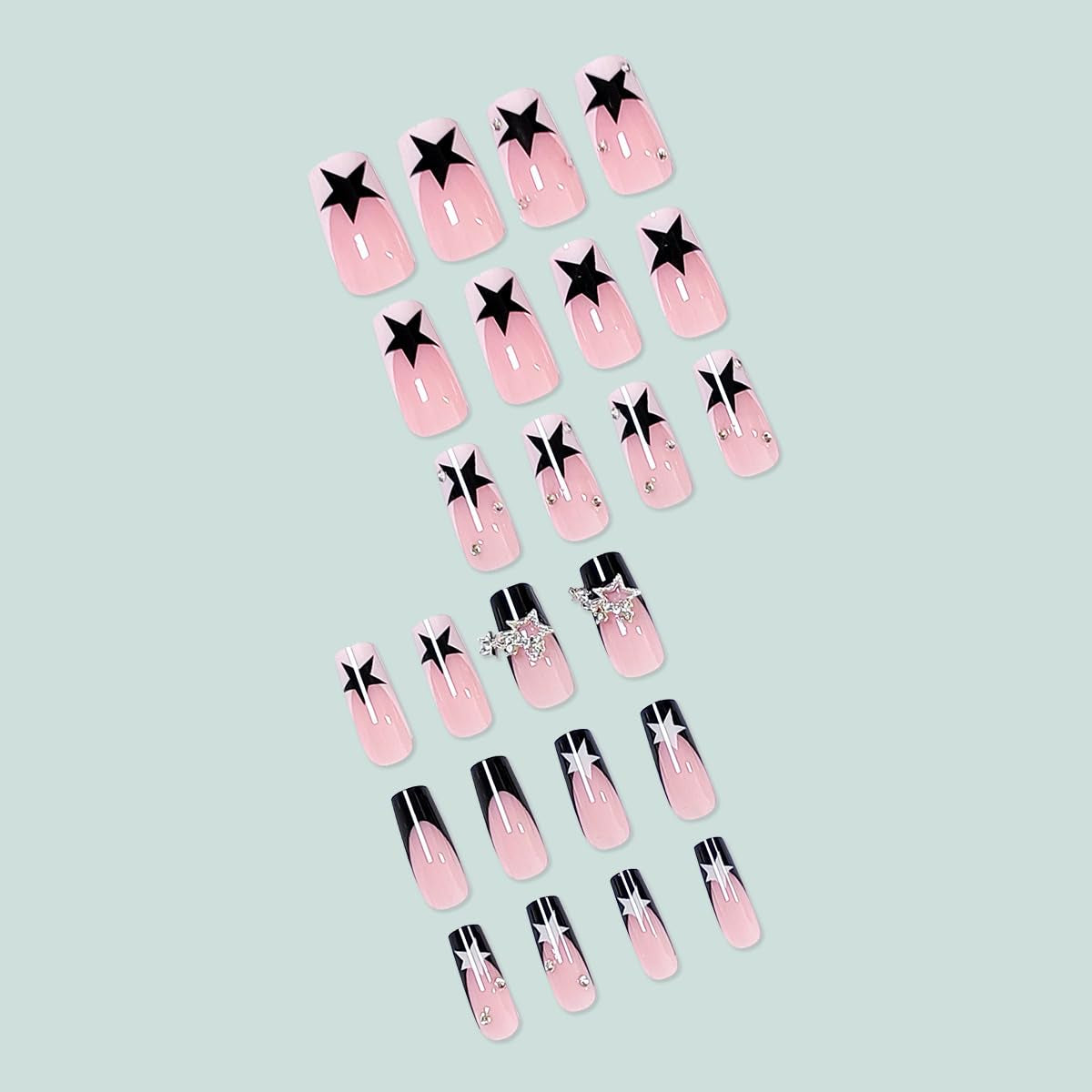 24 Pcs Pink Press on Nails Medium Square -  Winter Fake Nails Press Ons White French Nail Art Tips Glue on Nails Full Cover False Nails with Charms Pentagram Design Stick on Nails Acrylic Nail