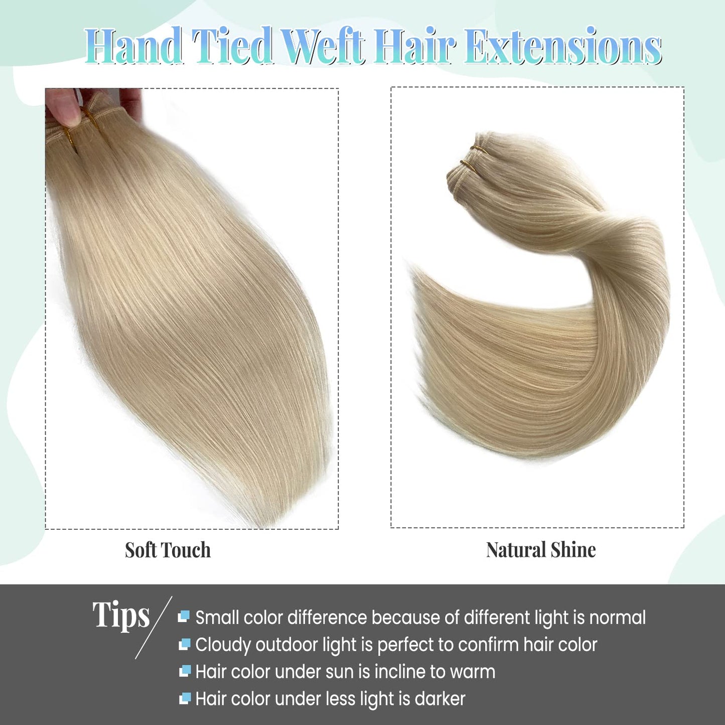 Sew in Real Human Hair Extensions, Blonde Weft 100G 20 Inch Hand Tied Weft Hair Extensions for Women