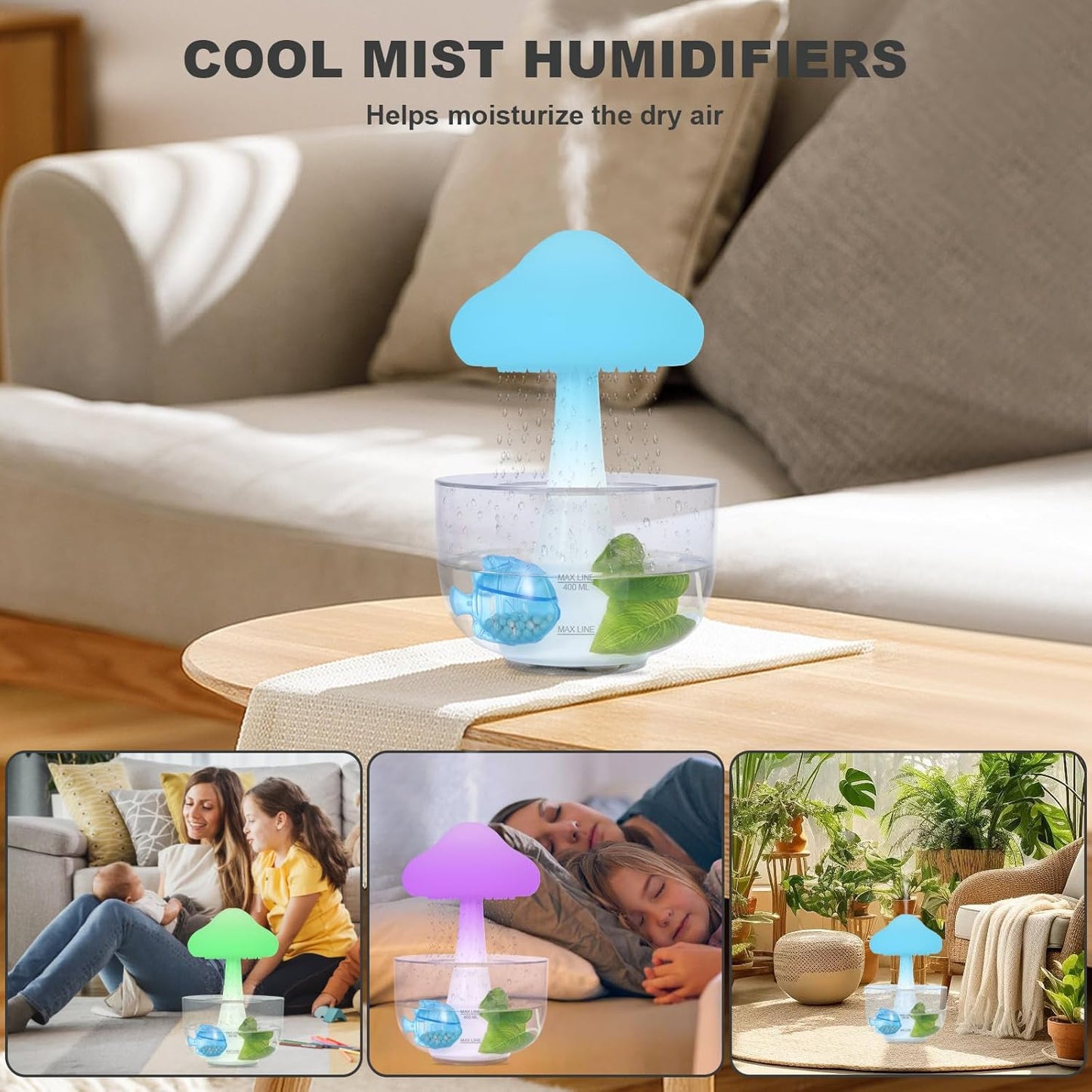 Cloud Rain Aromatherapy Diffuser,Cloud Rain Humidifier Water Drip,Unique Cloud Rain Mushroom Design with Transparent Base,7 Colors Light & Auto Shut off for Bedroom Office Relaxing Water Drop Sound