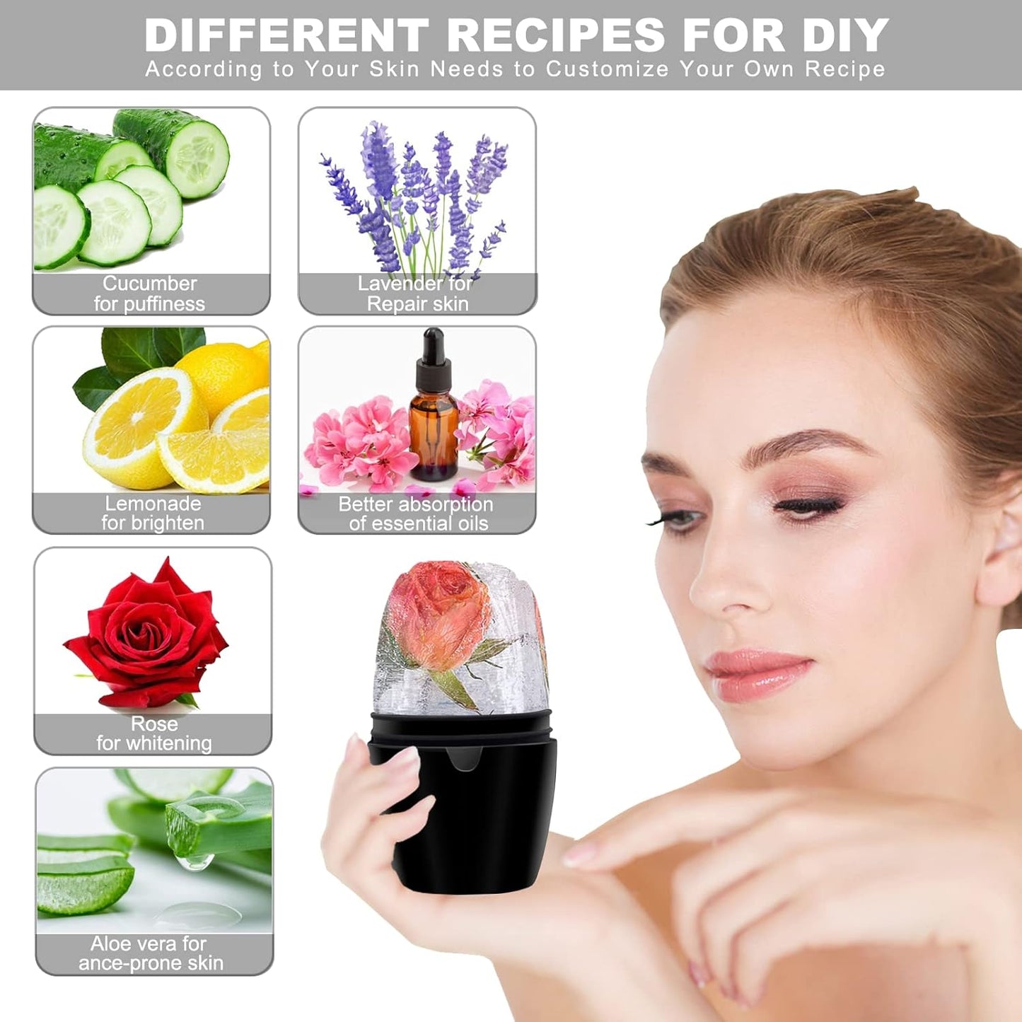 Ice Face Roller - Brighten & Tighten Skin with Reusable Ice Mold - Gift for Women (Black)