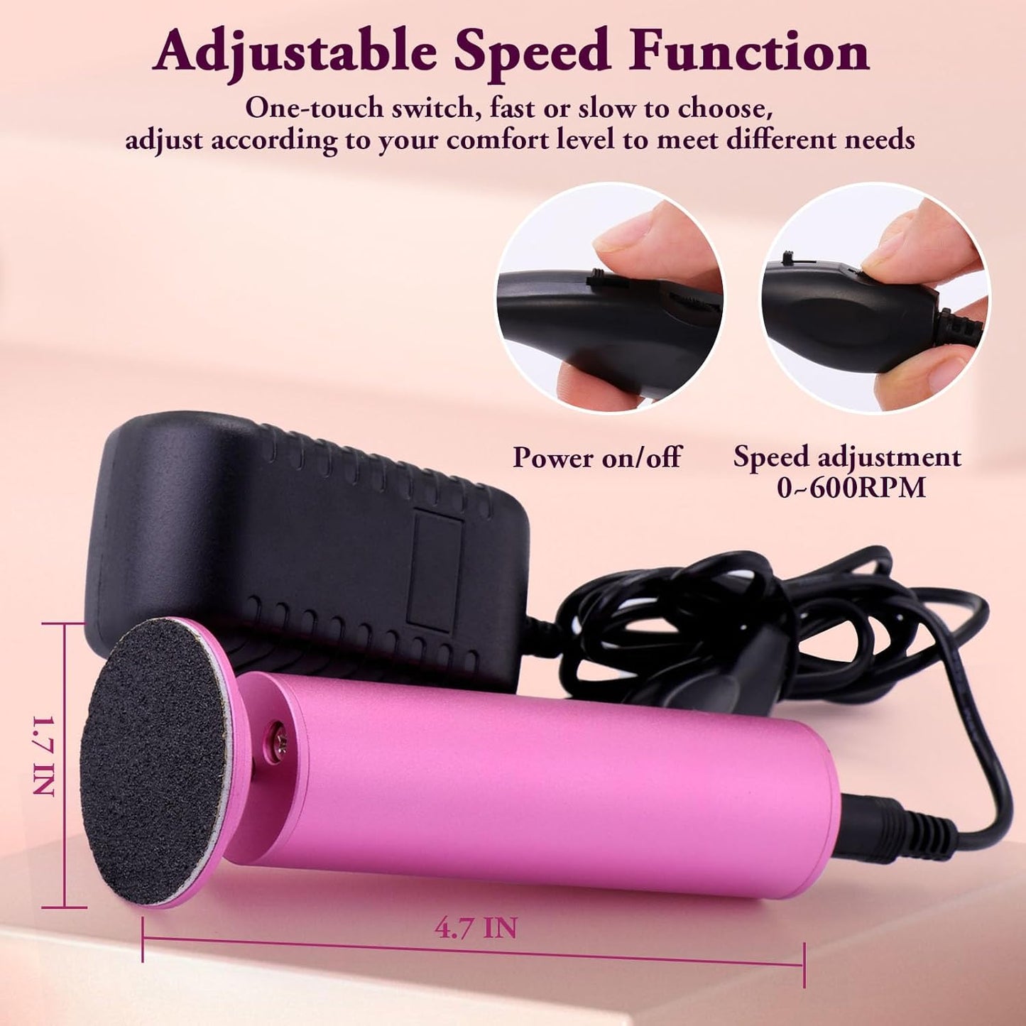 Electric Foot Callus Remover, Adjustable Speed (0-600Rpm), Adjustable Speed Foot Scrubber with 60 Pcs Sandpaper Discs, Electric Callus Remover for Feet,Pedicure Tool for Men and Women,Pink