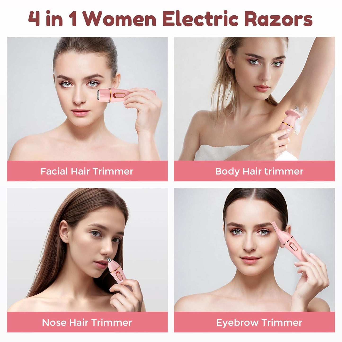 4 in 1 Women Electric Shavers, Hair Trimmer for Pubic, Legs, Arm, Underarm, Bikini, Face Shaver for Women, Rechargeable Hair Removal Epliators, Birthday, Christmas, Gifts (Pink)