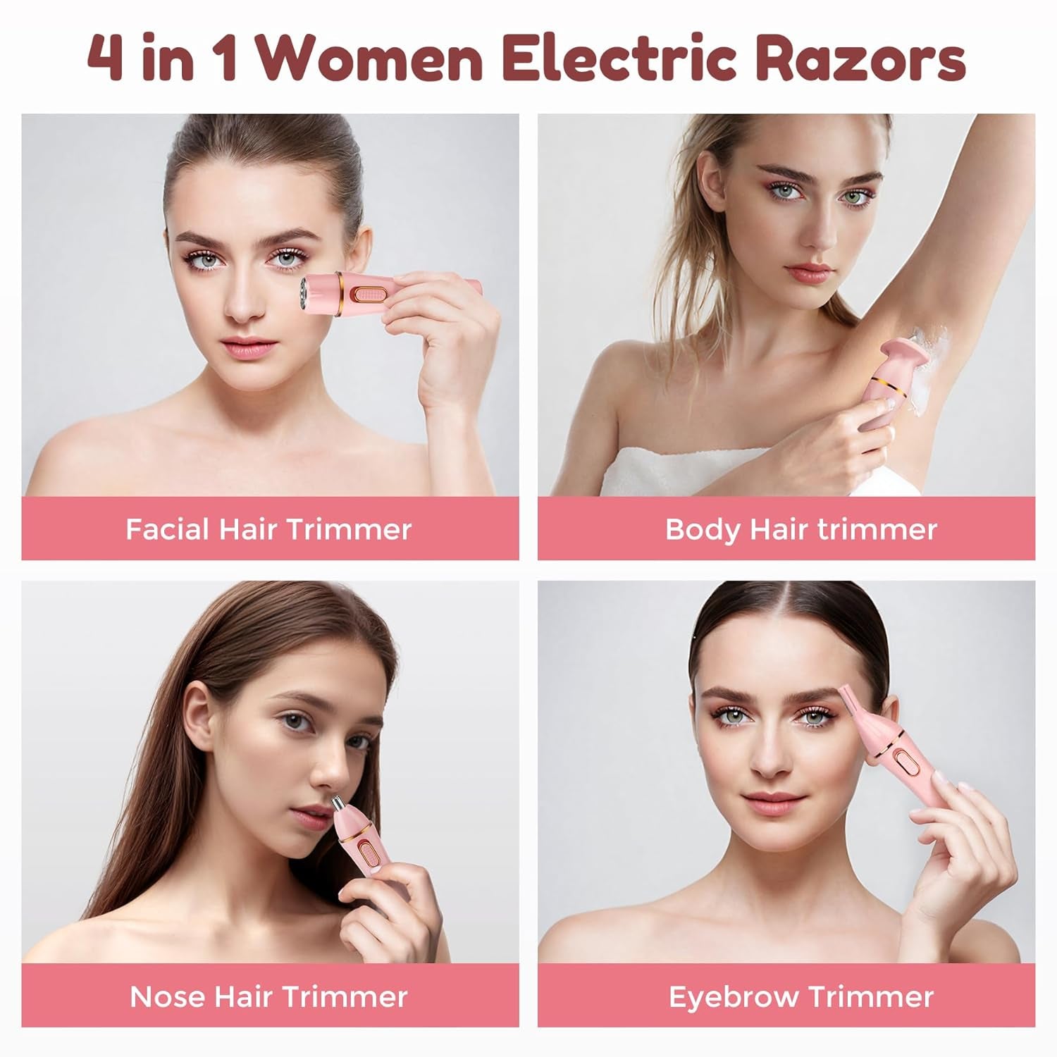 4 in 1 Women Electric Shavers, Hair Trimmer for Pubic, Legs, Arm, Underarm, Bikini, Face Shaver for Women, Rechargeable Hair Removal Epliators, Birthday, Christmas, Gifts (Pink)