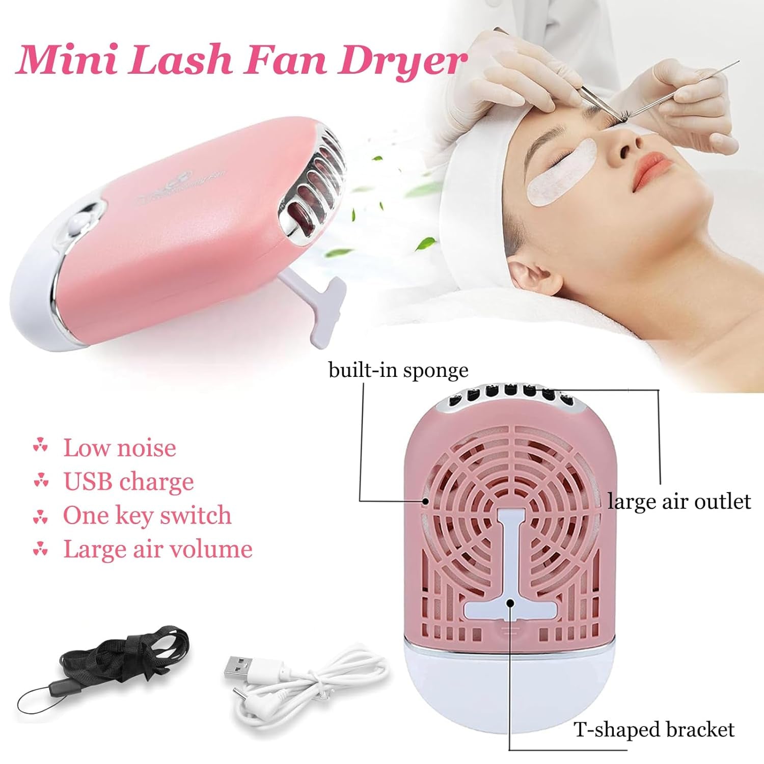 Lash Fan Dryer for Eyelash Extensions,50 Lash Brush 1Nose Blackhead Facial Cleaning Brush 1 Plastic Wash Bottle Spoolies for Eyelash Extensions(Pink)