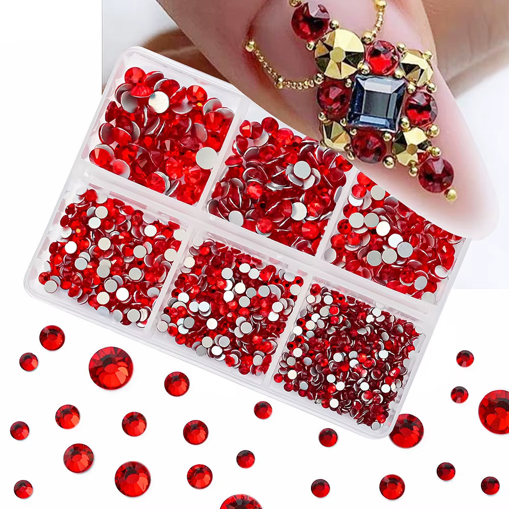 12Gird Mix Size Pink Red Green Crystal Nail Art Rhinestones Luxury Nail Diamond Gem Flatback Glass Stone Strass Nail Supplies