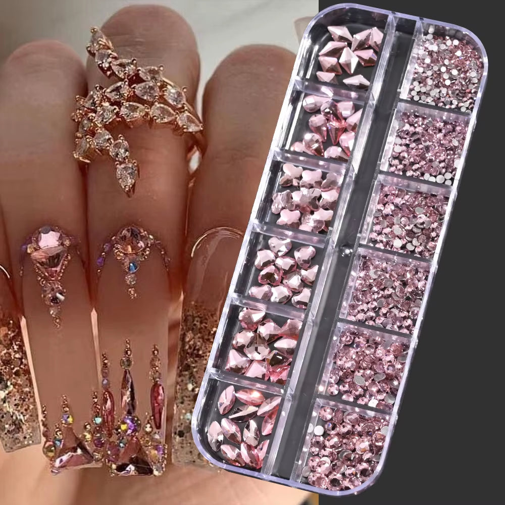 12Gird Mix Size Pink Red Green Crystal Nail Art Rhinestones Luxury Nail Diamond Gem Flatback Glass Stone Strass Nail Supplies