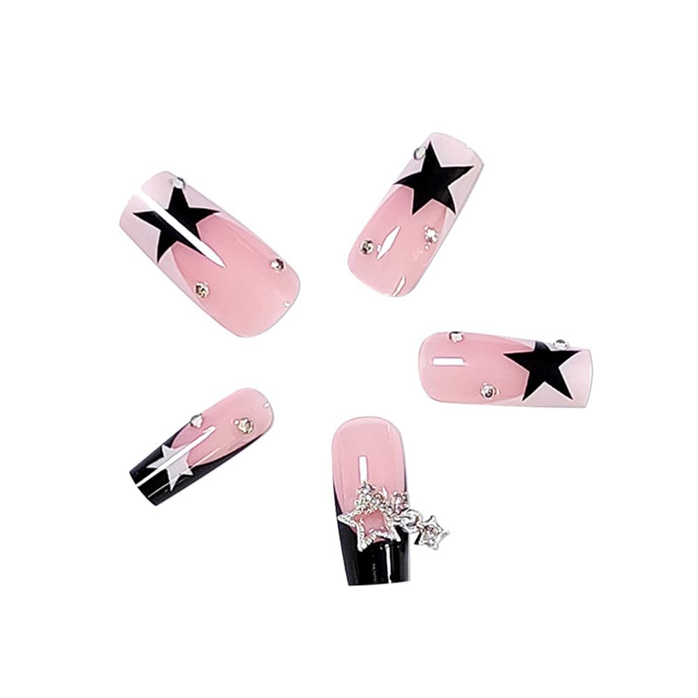 24 Pcs Pink Press on Nails Medium Square -  Winter Fake Nails Press Ons White French Nail Art Tips Glue on Nails Full Cover False Nails with Charms Pentagram Design Stick on Nails Acrylic Nail