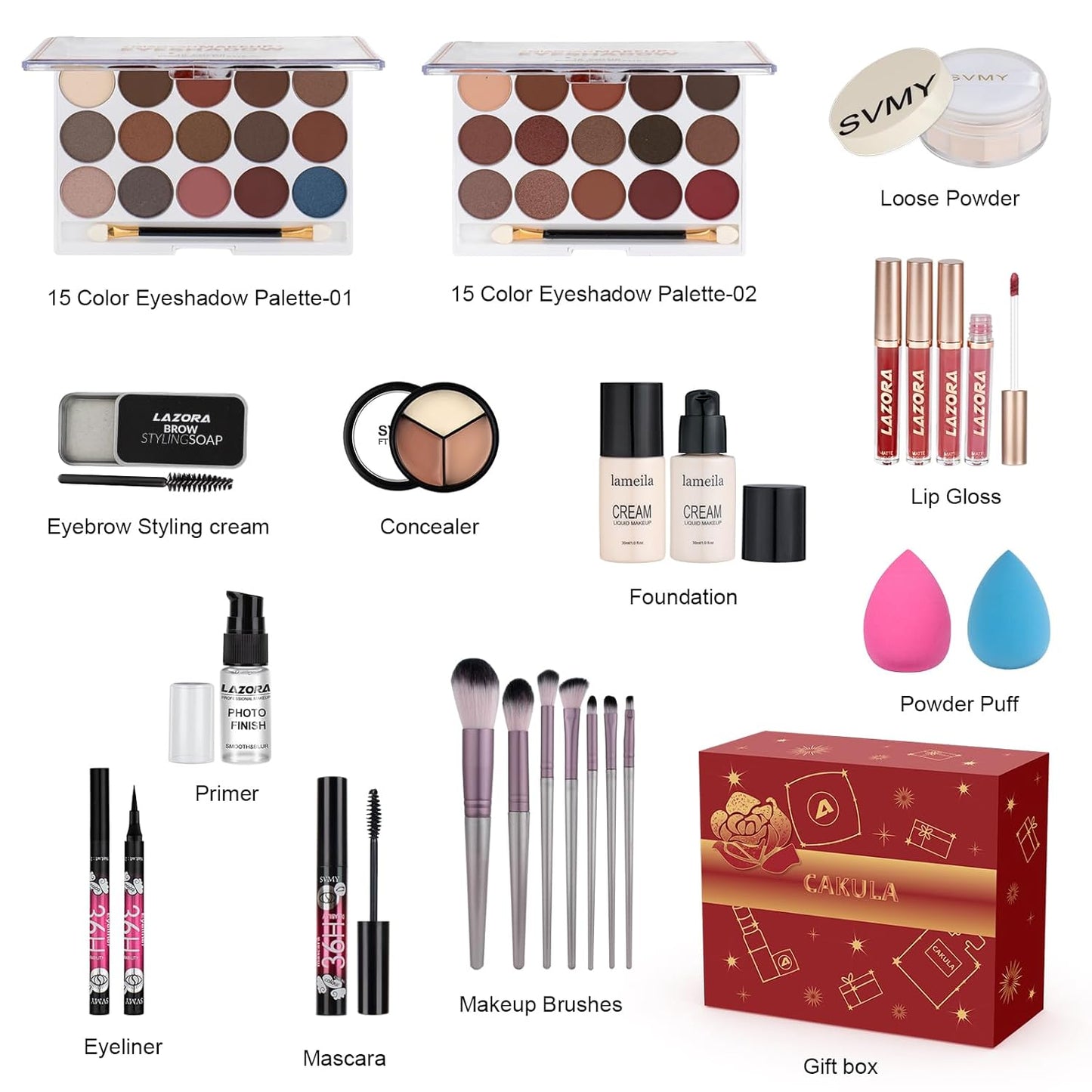 Women Full Kit Make up Kit Makeup Sets Women Includes Eyeshadow Palette Lip Gloss Liquid Lipstick Make up Sponge Brushes Eyebrow Concealer with Makeup Bag