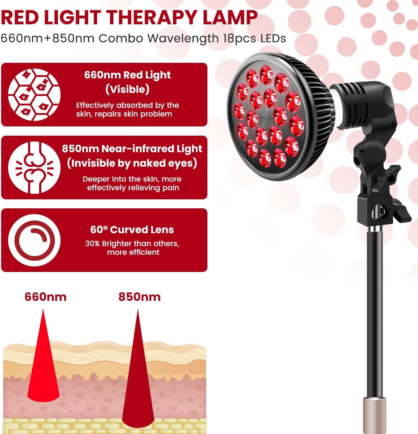 Red Light Therapy Lamp - LED Face & Body Treatment, Adjustable Stand 10-16.5In, 18 Leds 660Nm & 850Nm Combo