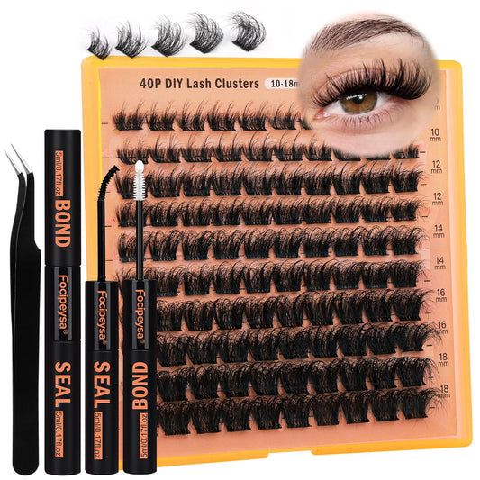 Thick Lash Extension Kit Full Volume Lash Clusters 40P Eyelash Extension Kit DIY Lash Extension Kit with Black Bond and Seal Glue, Lash Applicator DIY at Home for Beginner (40P 10-18MM)