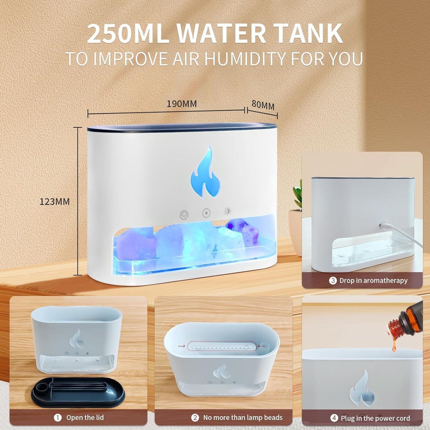 Essential Oil Diffuser 2 in 1 Aromatherapy Diffuser & Himalayan Salt Lamp 250Ml Flame Humidifier for Bedroom Mute Colorful Night Light (Without Essential Oil, Timeable, White)