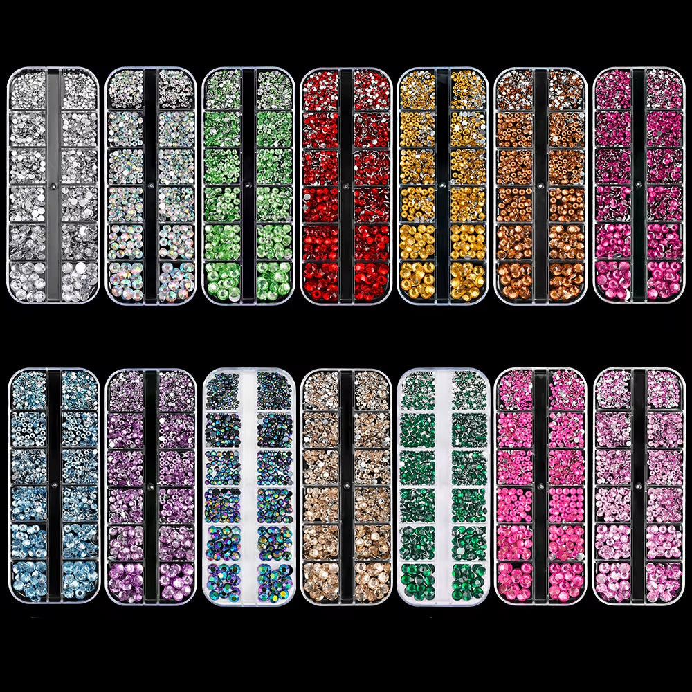 12Gird Mix Size Pink Red Green Crystal Nail Art Rhinestones Luxury Nail Diamond Gem Flatback Glass Stone Strass Nail Supplies
