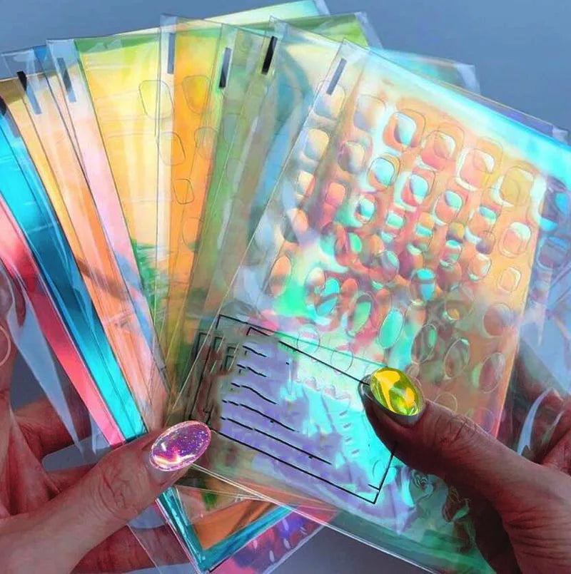 11Pcs Aurora Glass Nail Foil Sticker Ice Cube Broken Glass Paper Iridescent Nail Film Decals Chameleon Reflective Nail Stickers