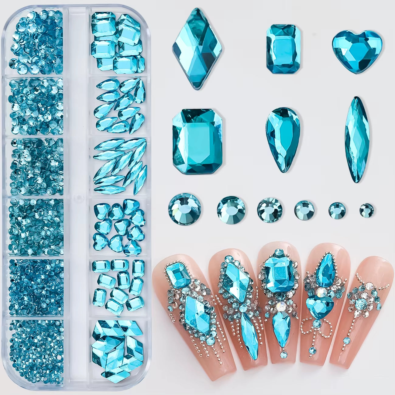 12Gird Mix Size Pink Red Green Crystal Nail Art Rhinestones Luxury Nail Diamond Gem Flatback Glass Stone Strass Nail Supplies