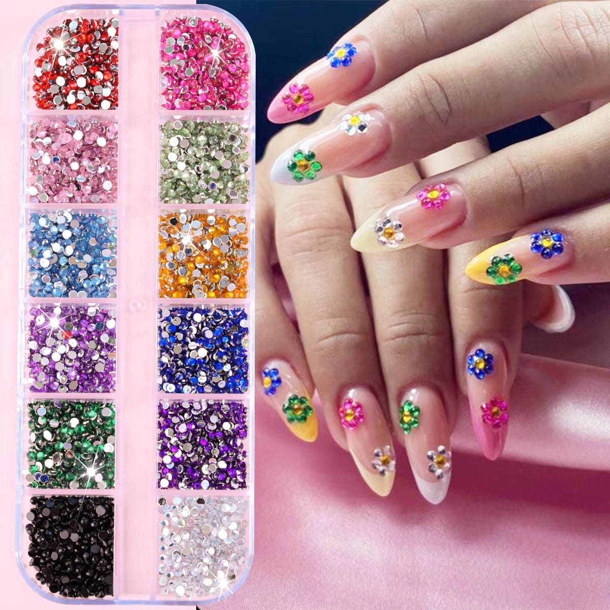 12Gird Mix Size Pink Red Green Crystal Nail Art Rhinestones Luxury Nail Diamond Gem Flatback Glass Stone Strass Nail Supplies
