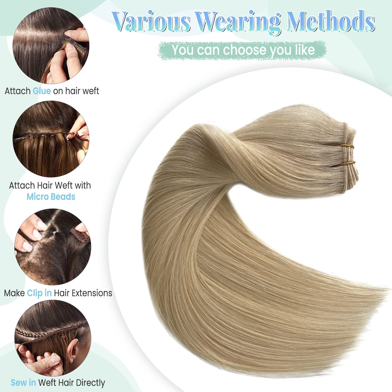 Sew in Real Human Hair Extensions, Blonde Weft 100G 20 Inch Hand Tied Weft Hair Extensions for Women