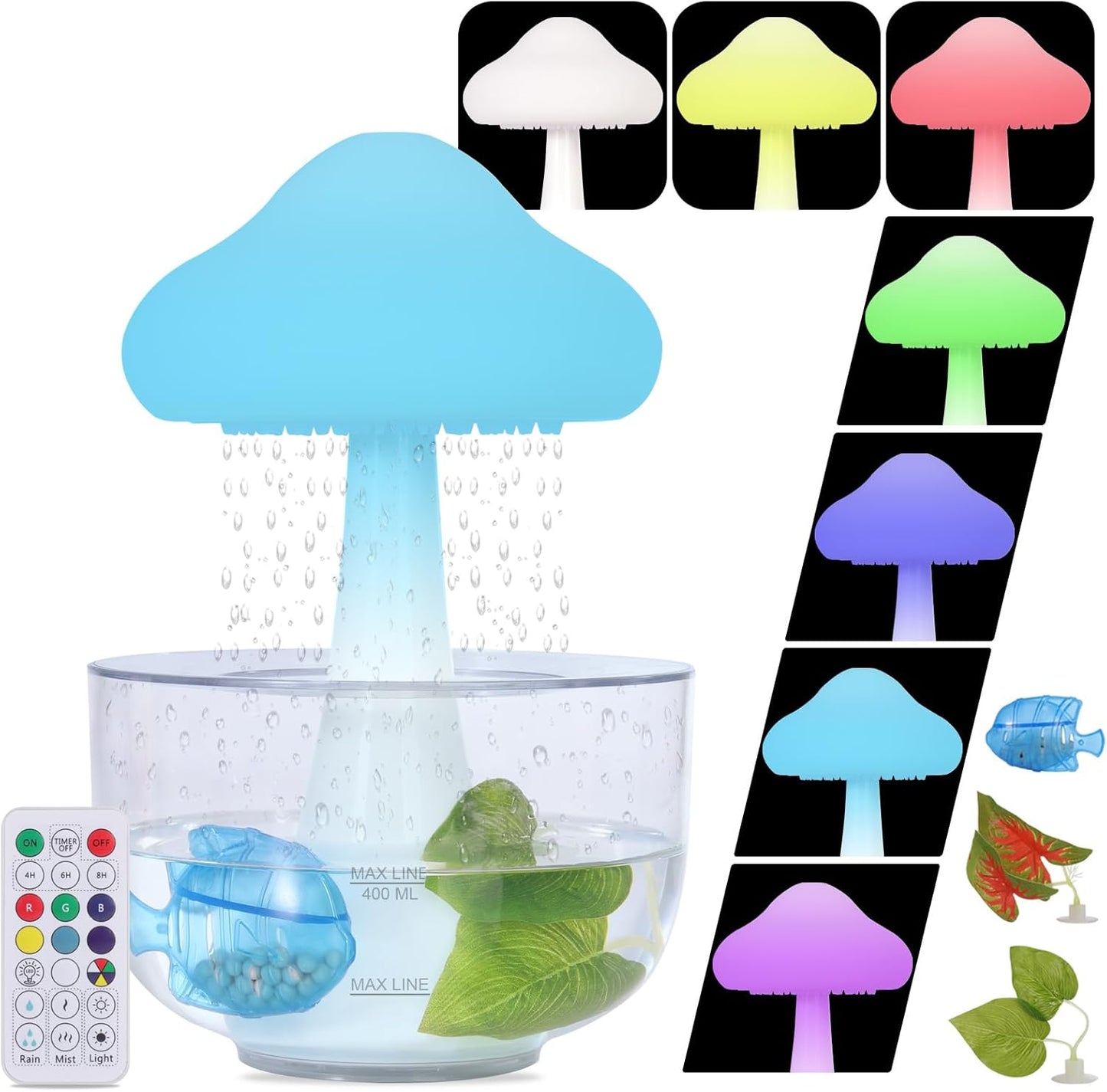 Cloud Rain Aromatherapy Diffuser,Cloud Rain Humidifier Water Drip,Unique Cloud Rain Mushroom Design with Transparent Base,7 Colors Light & Auto Shut off for Bedroom Office Relaxing Water Drop Sound