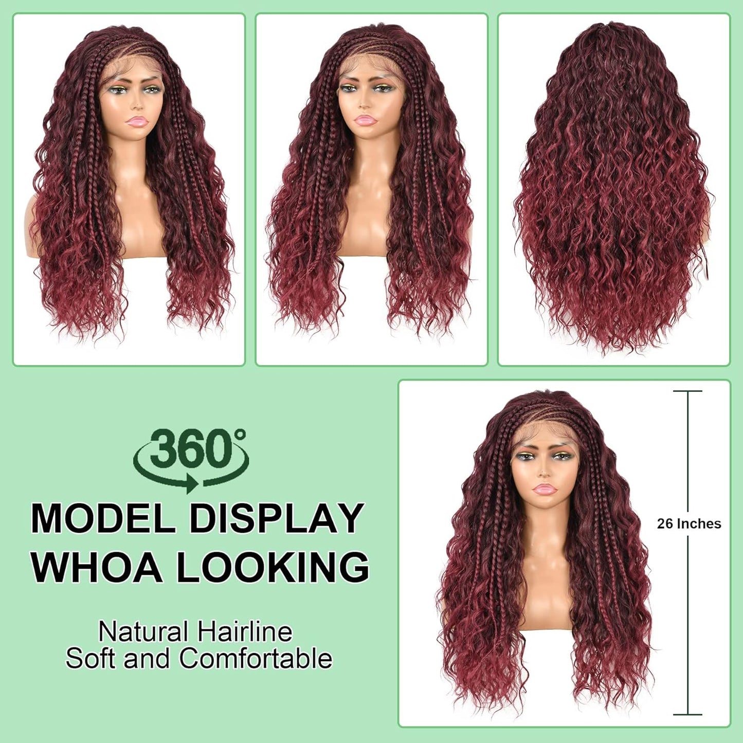 26" HD Lace Front Half Braided Wigs for Women, Burgundy, Synthetic