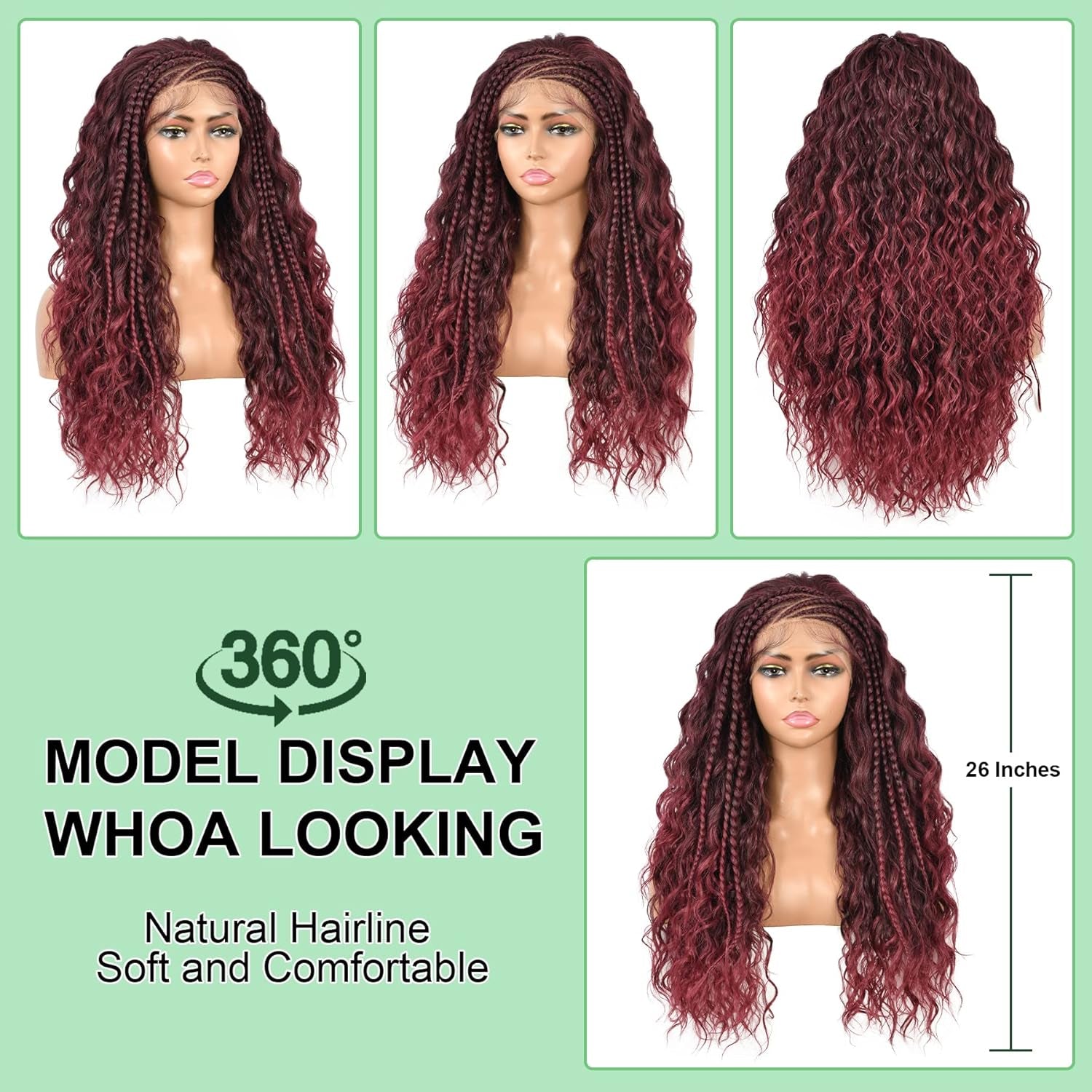 26" HD Lace Front Half Braided Wigs for Women, Burgundy, Synthetic