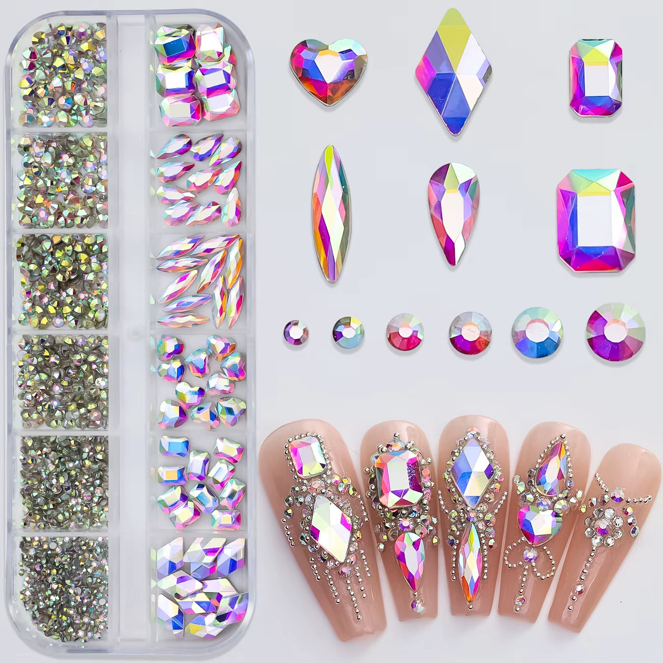 12Gird Mix Size Pink Red Green Crystal Nail Art Rhinestones Luxury Nail Diamond Gem Flatback Glass Stone Strass Nail Supplies