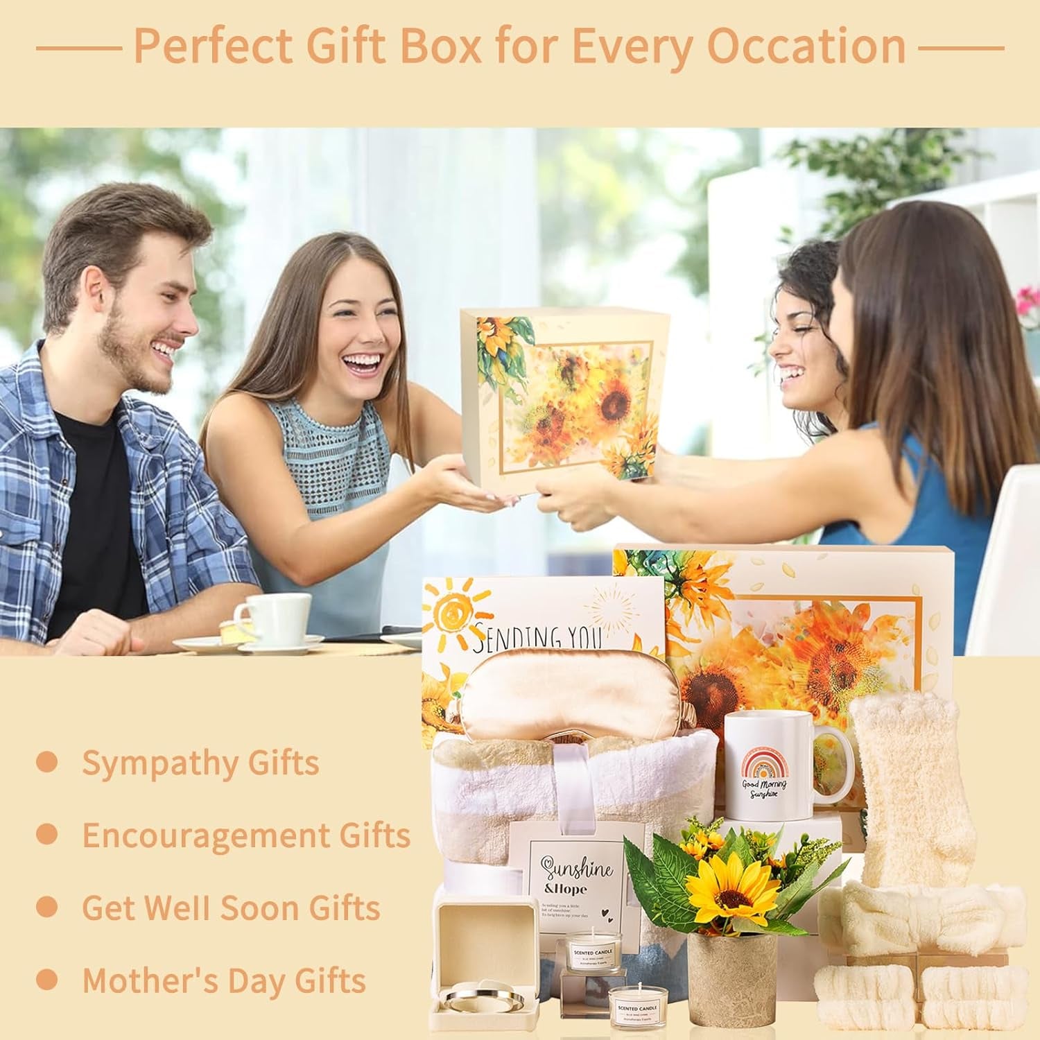 Sending Sunshine Gift, Get Well Soon Gifts Basket for Women, 10 Pcs Sunflower Gifts Care Pacakge Gifts Box Thinking of You Gift for Women with Inspirational Blanket Candle for Mom, Sister, Her