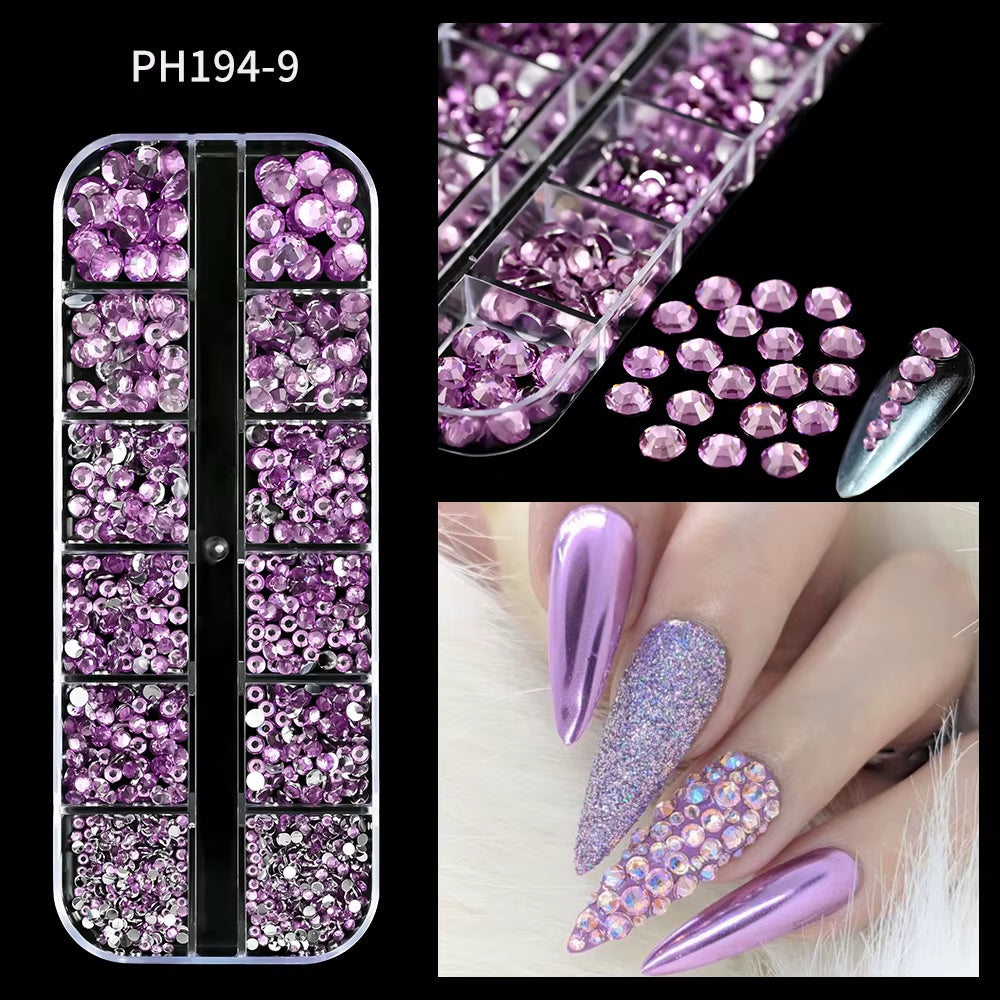 12Gird Mix Size Pink Red Green Crystal Nail Art Rhinestones Luxury Nail Diamond Gem Flatback Glass Stone Strass Nail Supplies