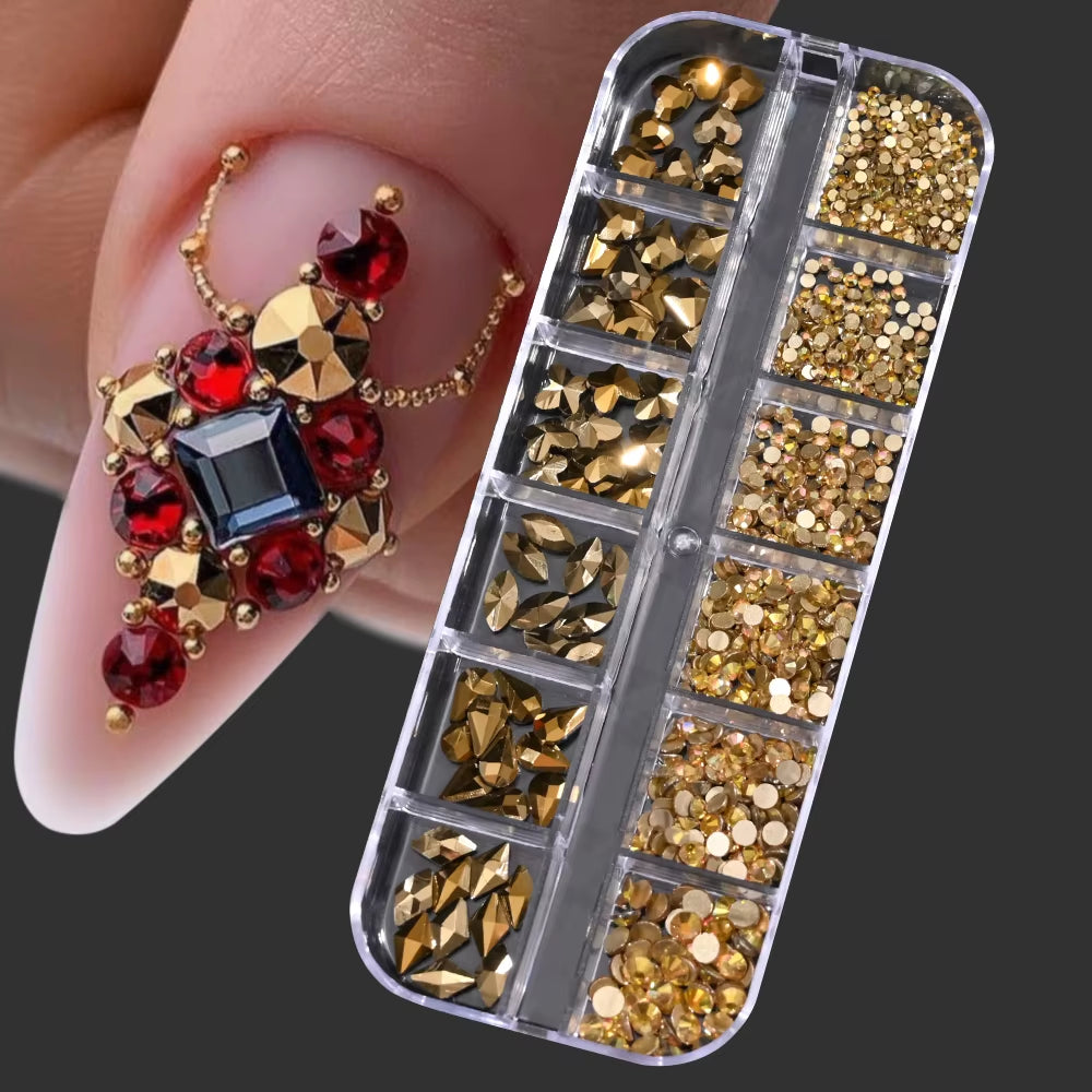12Gird Mix Size Pink Red Green Crystal Nail Art Rhinestones Luxury Nail Diamond Gem Flatback Glass Stone Strass Nail Supplies