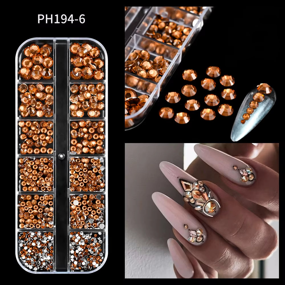 12Gird Mix Size Pink Red Green Crystal Nail Art Rhinestones Luxury Nail Diamond Gem Flatback Glass Stone Strass Nail Supplies