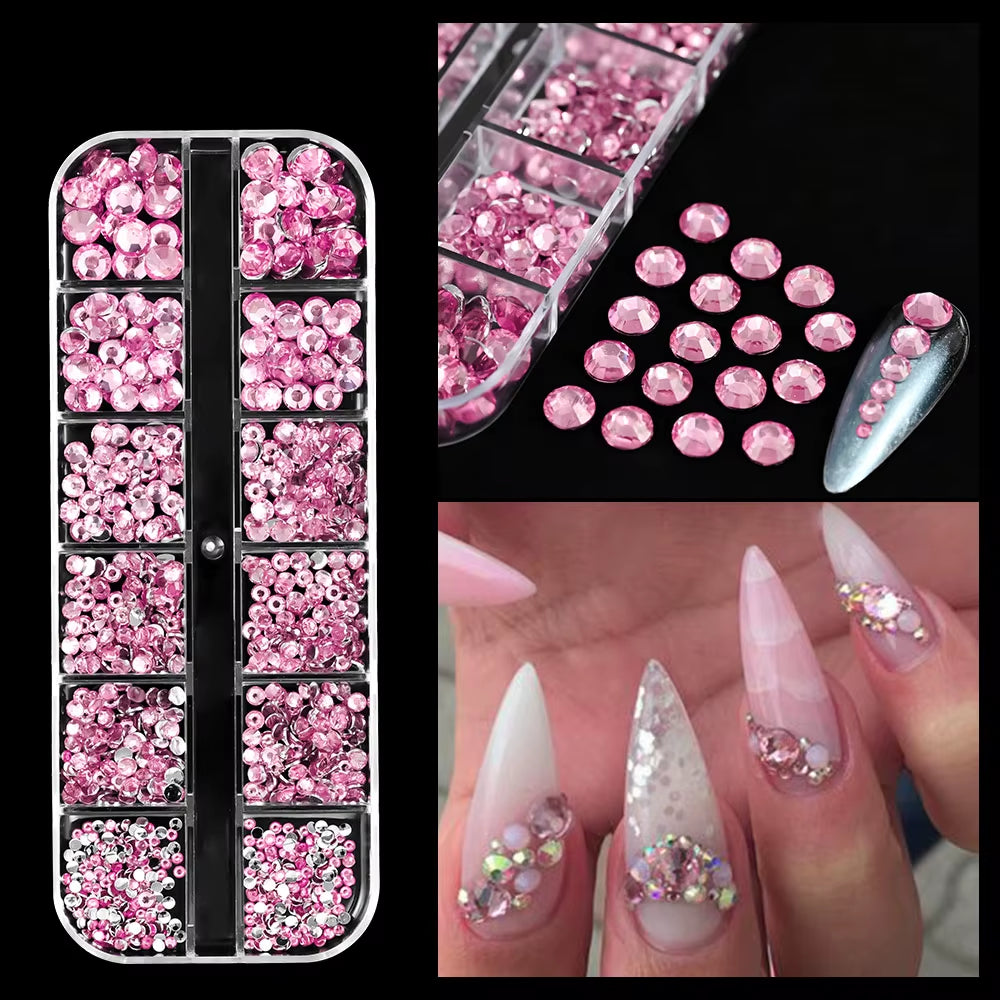 12Gird Mix Size Pink Red Green Crystal Nail Art Rhinestones Luxury Nail Diamond Gem Flatback Glass Stone Strass Nail Supplies