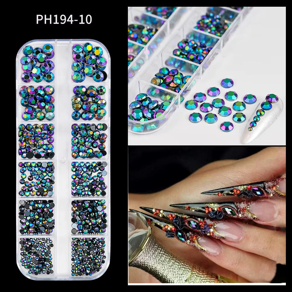 12Gird Mix Size Pink Red Green Crystal Nail Art Rhinestones Luxury Nail Diamond Gem Flatback Glass Stone Strass Nail Supplies