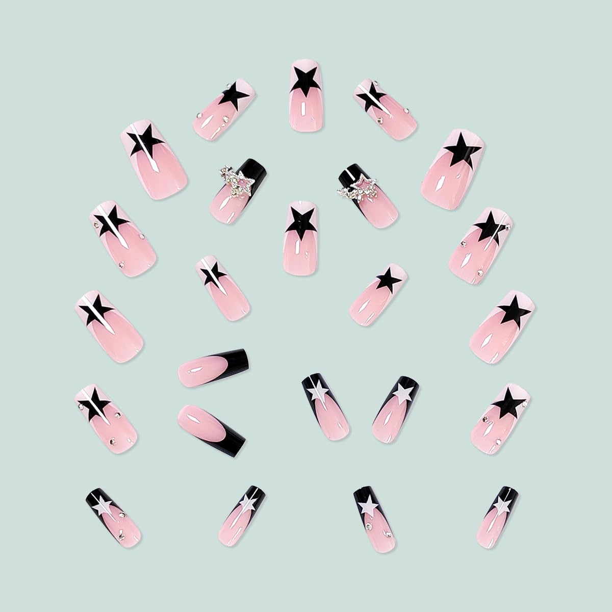 24 Pcs Pink Press on Nails Medium Square -  Winter Fake Nails Press Ons White French Nail Art Tips Glue on Nails Full Cover False Nails with Charms Pentagram Design Stick on Nails Acrylic Nail