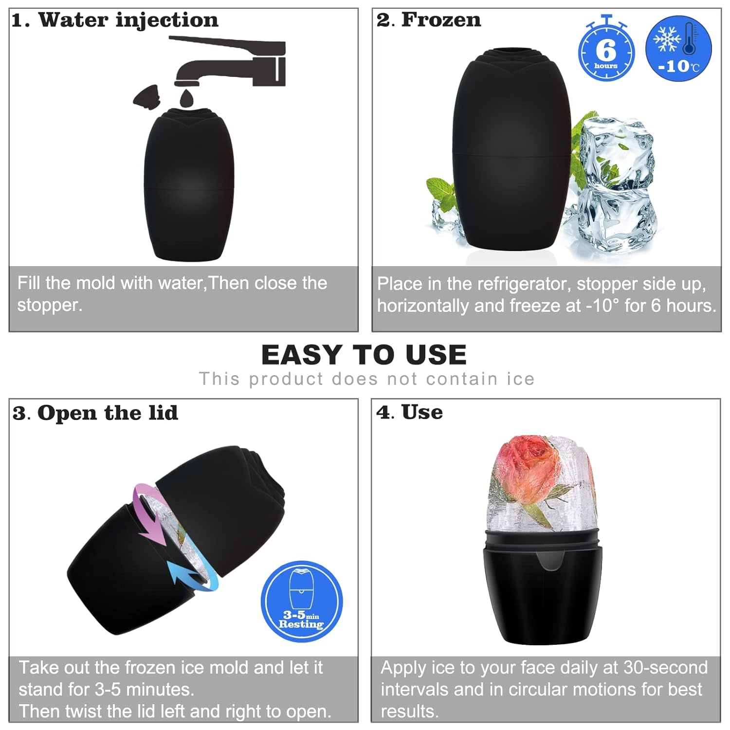 Ice Face Roller - Brighten & Tighten Skin with Reusable Ice Mold - Gift for Women (Black)