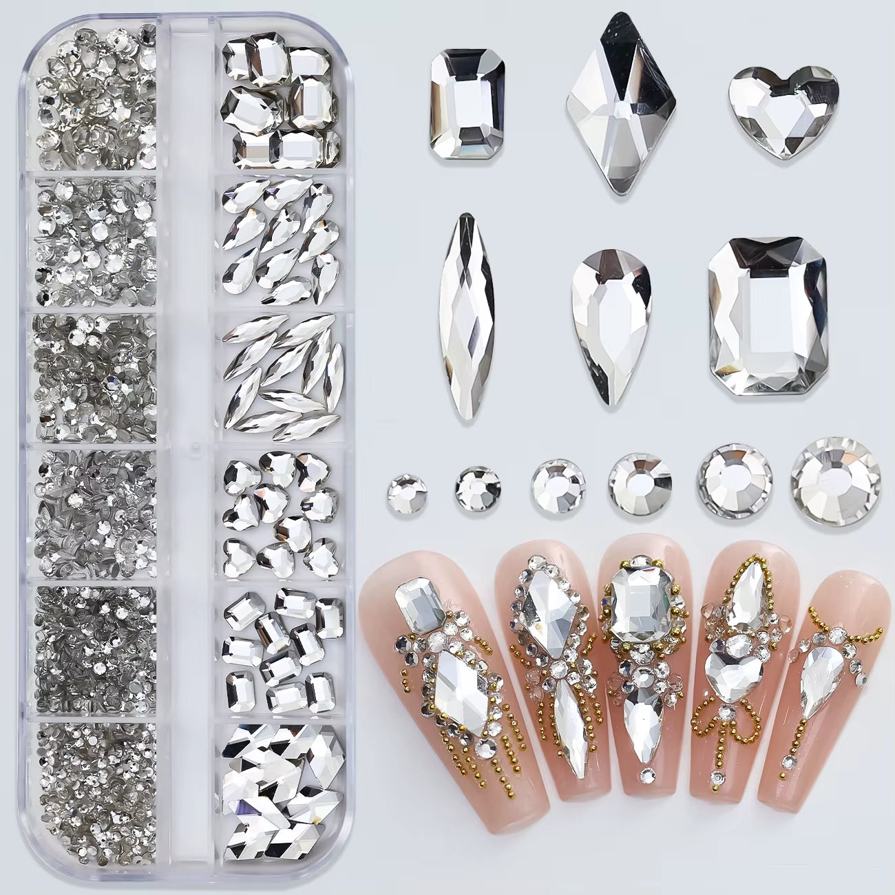 12Gird Mix Size Pink Red Green Crystal Nail Art Rhinestones Luxury Nail Diamond Gem Flatback Glass Stone Strass Nail Supplies